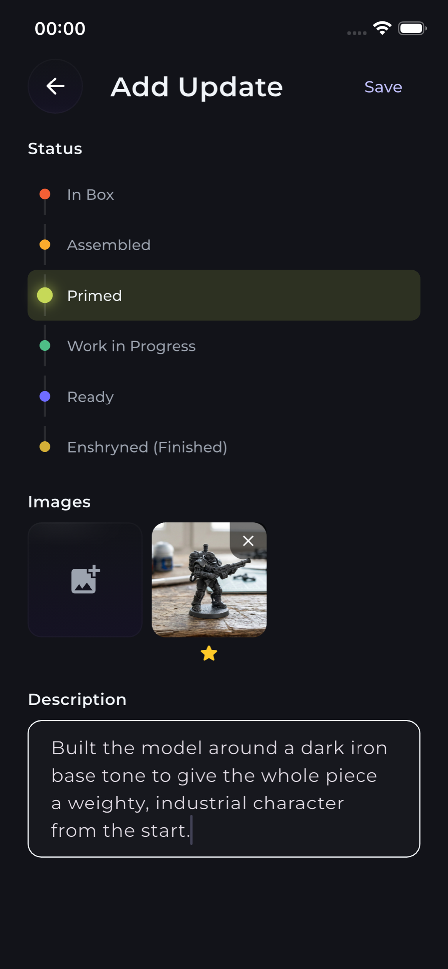Enshryned update screen showing painting progress and status tracking