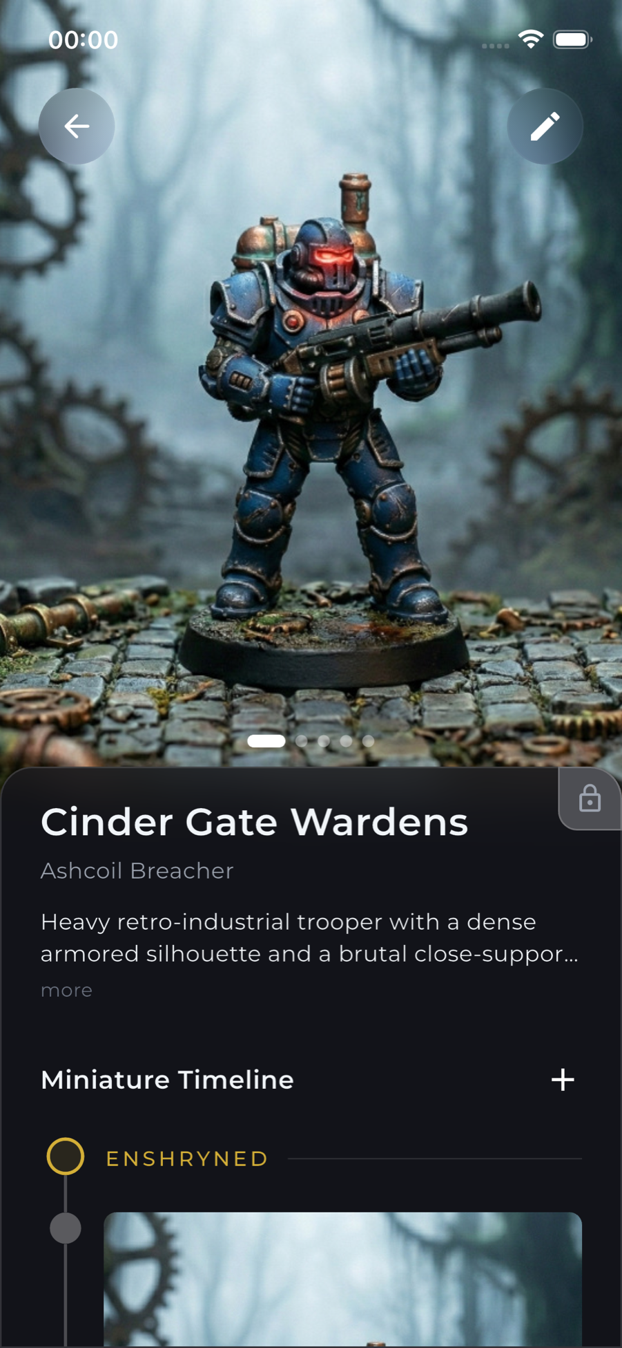 Enshryned miniature detail screen presenting a finished miniature